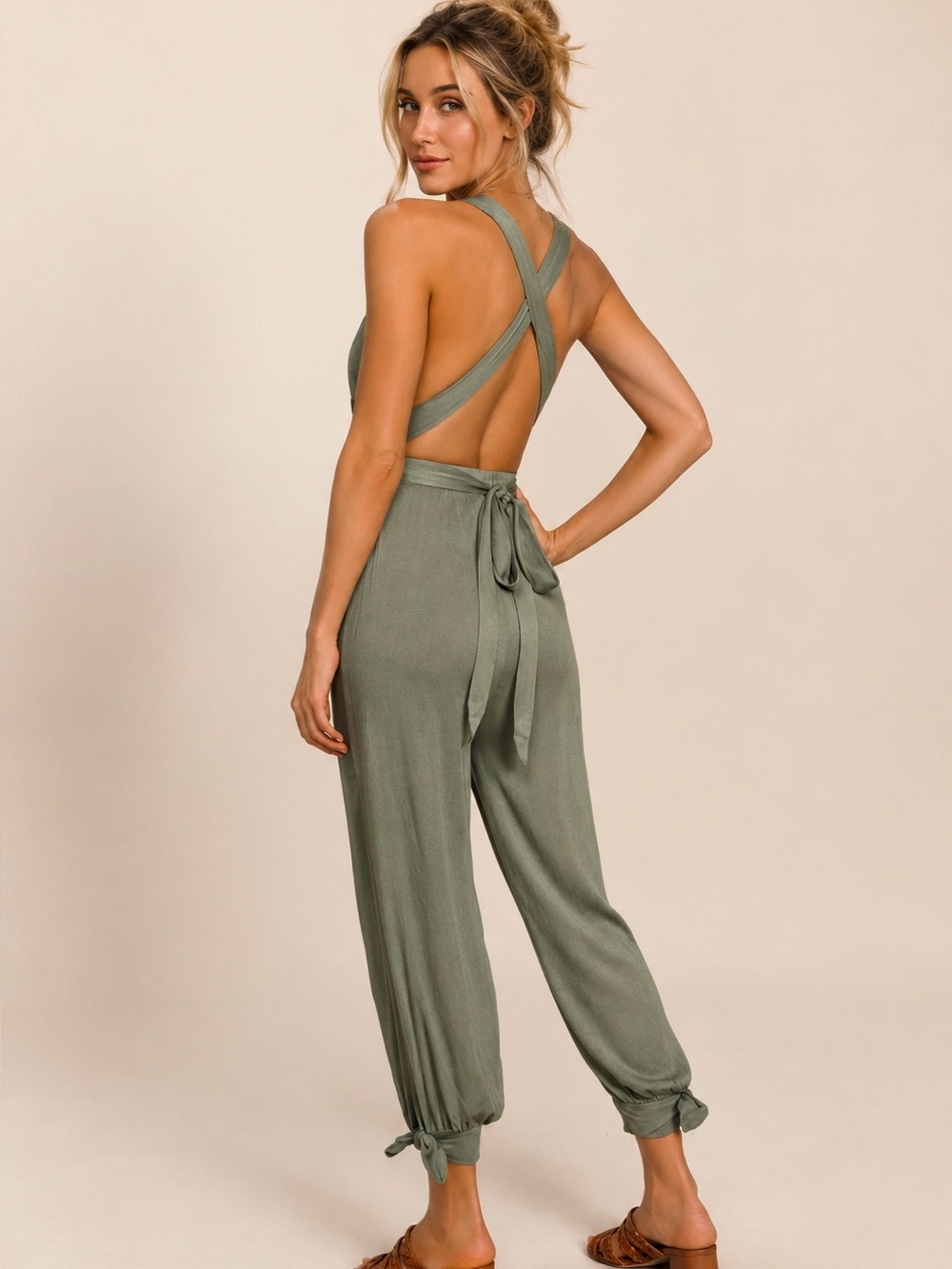 Lulus Lolinda Washed Olive Green Convertible Halter Jumpsuit 100% cotton Small